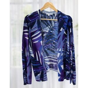Chico's Cardigan Sweater Tropical Palm Print Purple Blue Open Front Size 3 XL